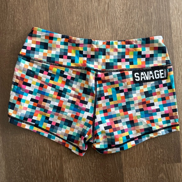 Women’s Savage Barbell Booty Workout CrossFit Shorts MutiColor Pixelated Medium - Picture 2 of 5
